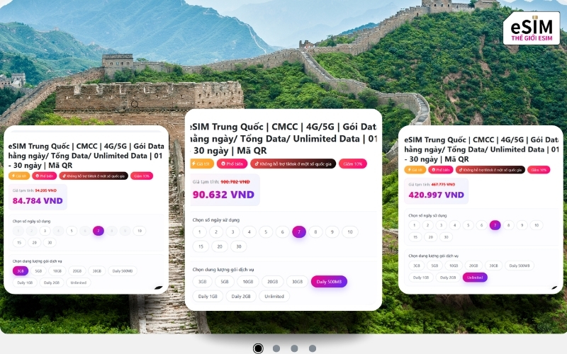 Thế giới eSIM cung cấp các gói esim trung quốc đa dạng và tiết kiệm nhất thị trường.